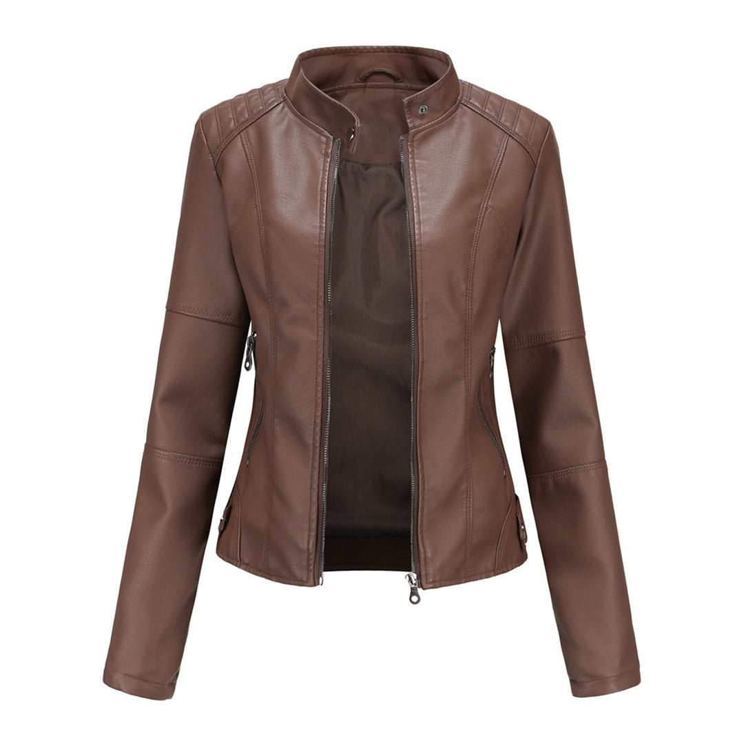 Damen Lederjacke | Taillierte Übergangsjacke mit Reißverschluss, Druckknopfkragen und praktischen Taschen