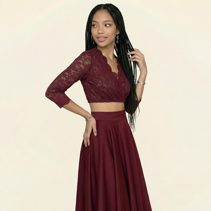 Dirndlbluse Damen | Spitzenbluse mit 3/4-Arm, V-Ausschnitt und Knopfleiste