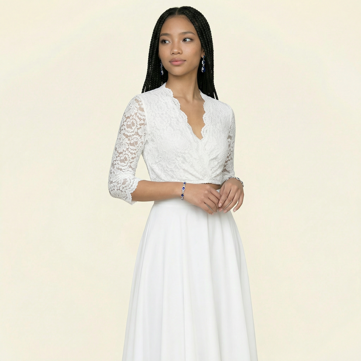 Dirndlbluse Damen | Spitzenbluse mit 3/4-Arm, V-Ausschnitt und Knopfleiste