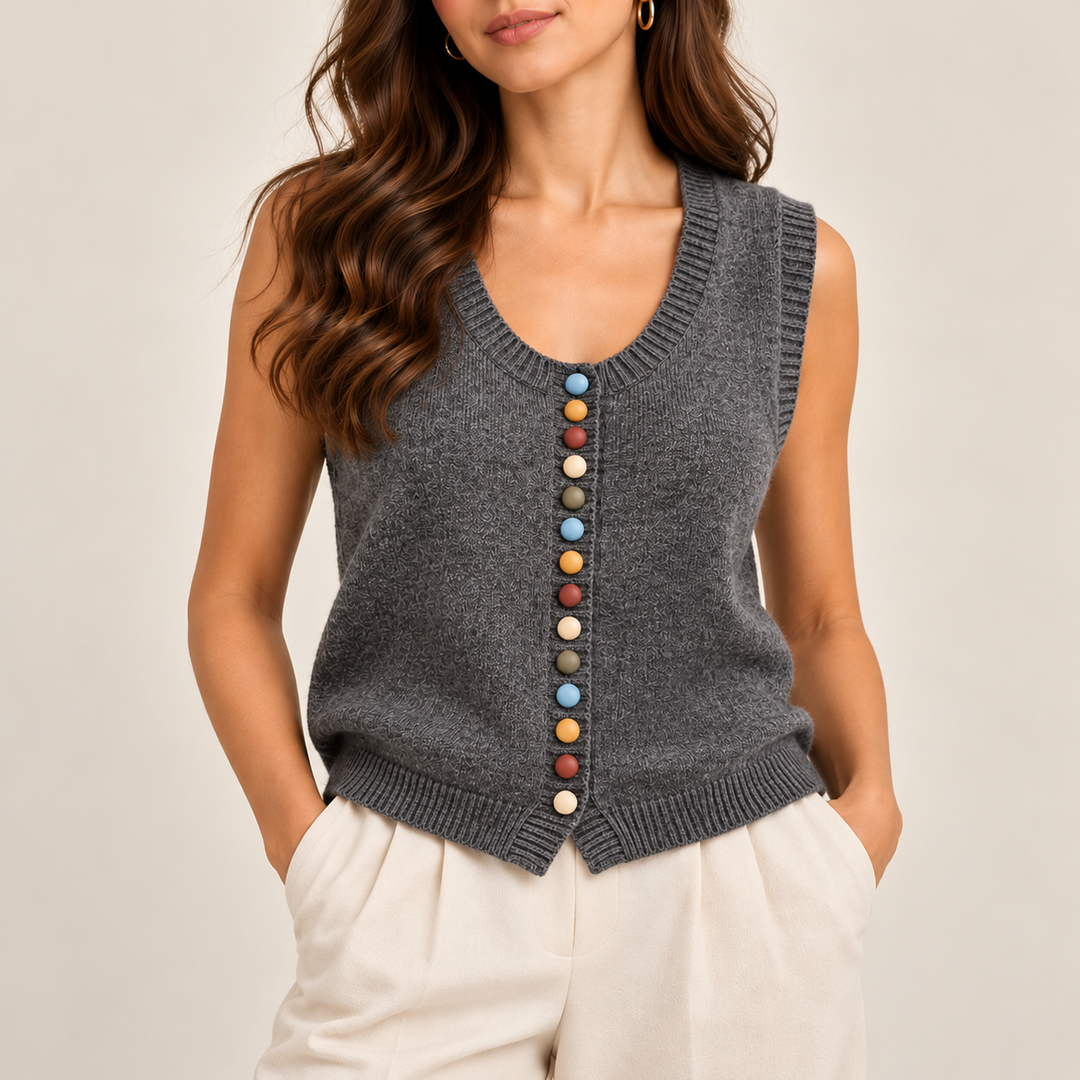Damen Strickweste mit bunten Knöpfen | Ärmellose Strickjacke mit Rundhalsausschnitt, weicher Strickstruktur und lockerer Passform
