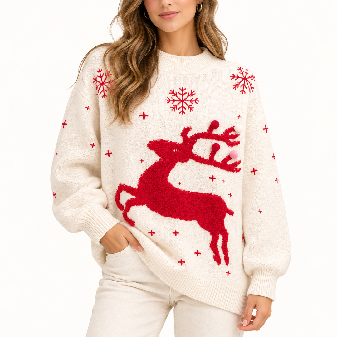 Damen Weihnachtspullover mit Rentiermuster | Mehrfarbiger Strickpullover mit Schneeflocken, geripptem Stehkragen und langen Ärmeln