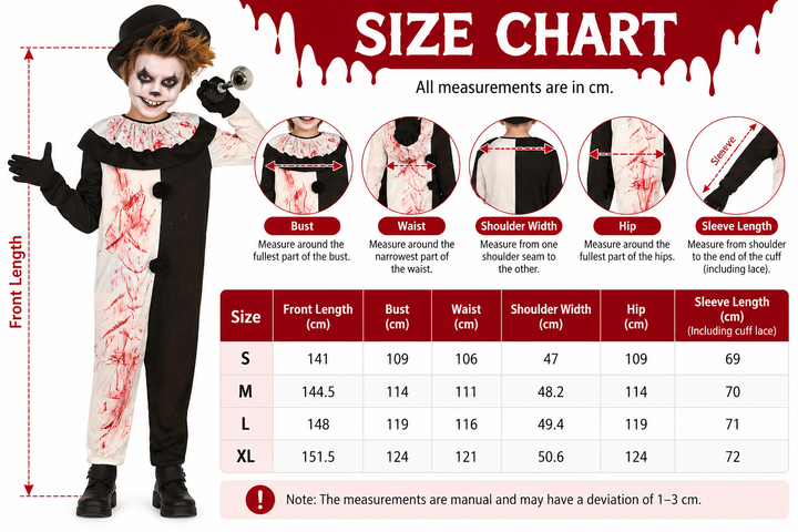 Jungen Horror Clown Kostüm Schwarz Weiß | Blutiges Halloween Harlekin Kostüm mit Overall, Rüschenkragen und Hut