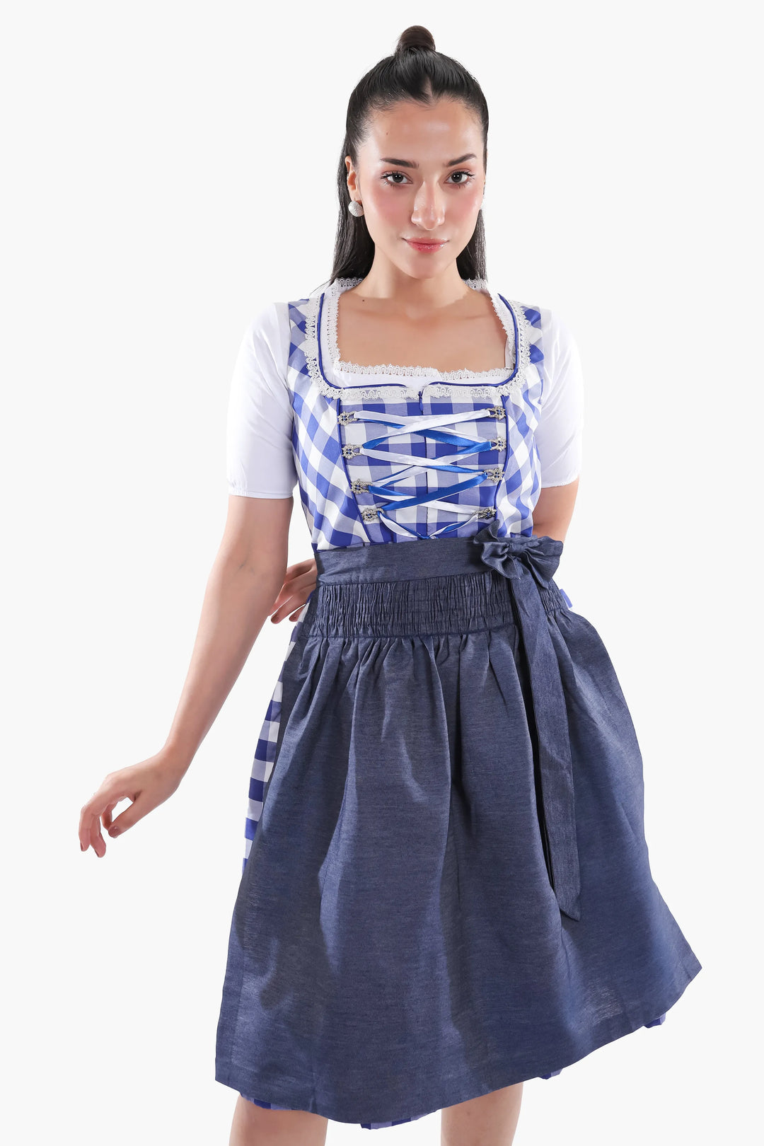 Dirndl Midi Damen | Trachtenkleid mit strukturiertem Mieder, Schürze und Schleifenband für Oktoberfest