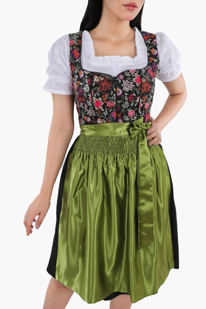 Dirndl Midi Damen Grün Floral | Trachtenkleid mit Blumenmuster, strukturiertem Mieder und Schürze für Oktoberfest