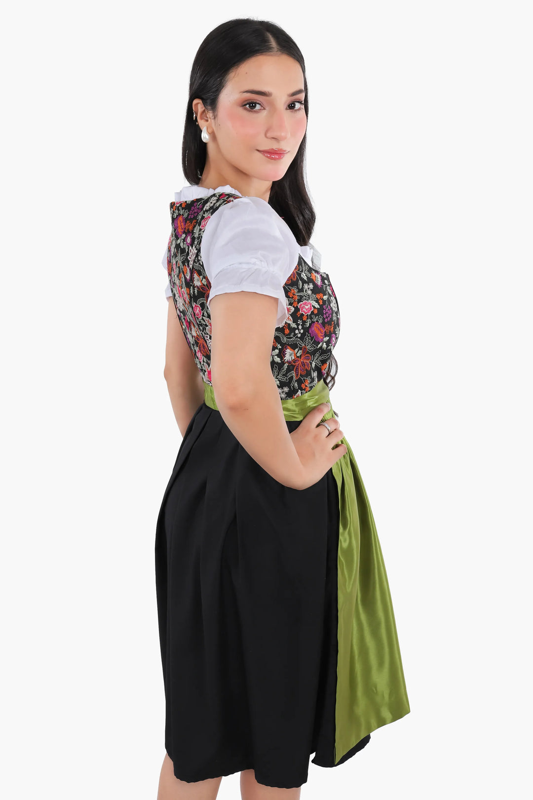 Dirndl Midi Damen Grün Floral | Trachtenkleid mit Blumenmuster, strukturiertem Mieder und Schürze für Oktoberfest