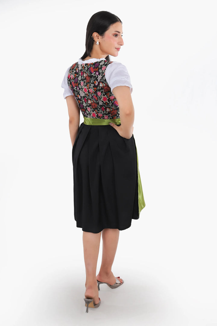 Dirndl Midi Damen Grün Floral | Trachtenkleid mit Blumenmuster, strukturiertem Mieder und Schürze für Oktoberfest