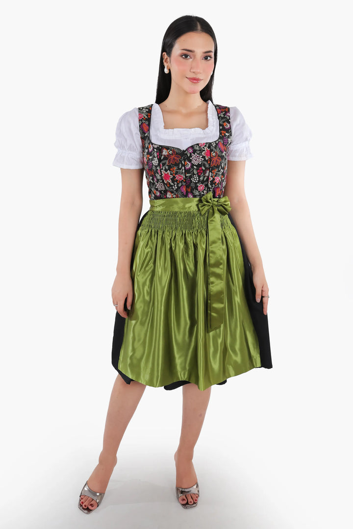 Dirndl Midi Damen Grün Floral | Trachtenkleid mit Blumenmuster, strukturiertem Mieder und Schürze für Oktoberfest