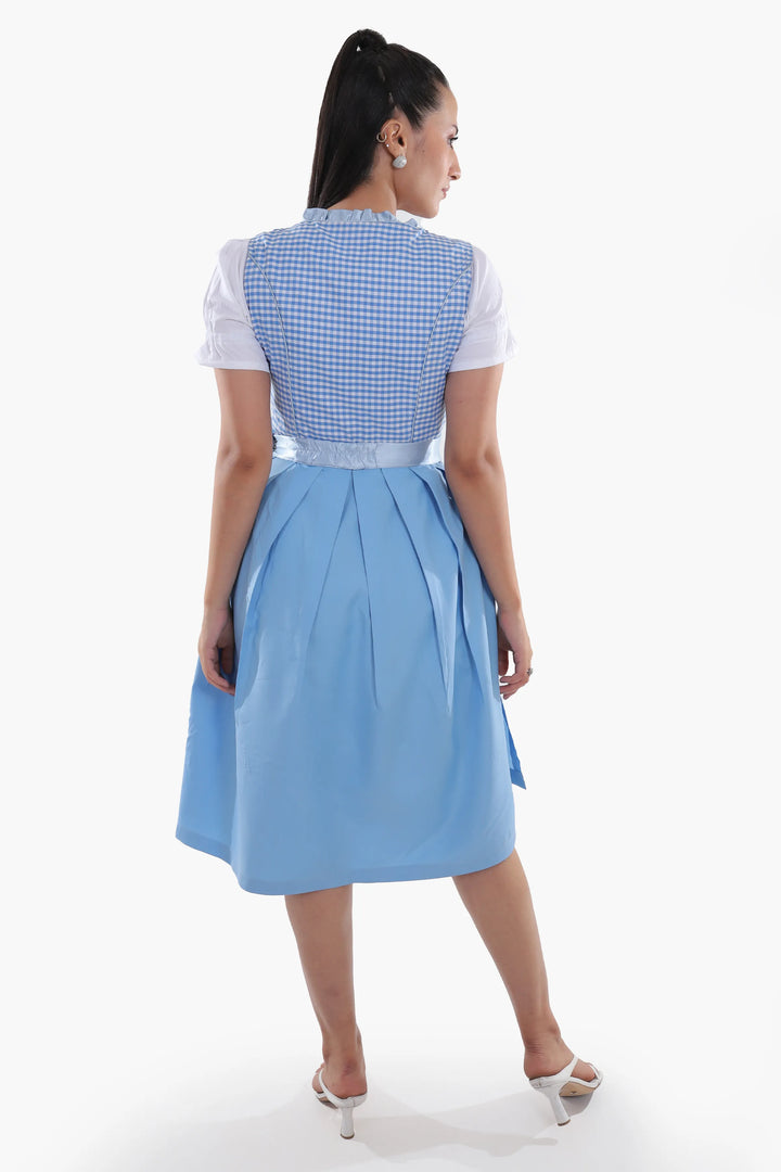 Dirndl Midi Damen | Kariertes Trachtenkleid mit Schürze, strukturiertem Mieder und Schnürband für Oktoberfest