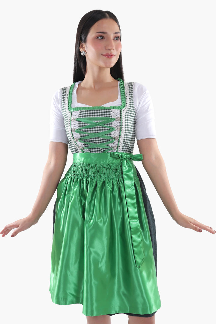 Dirndl Midi Damen Grün Kariert | Trachtenkleid mit strukturiertem Mieder und Schürze für Oktoberfest