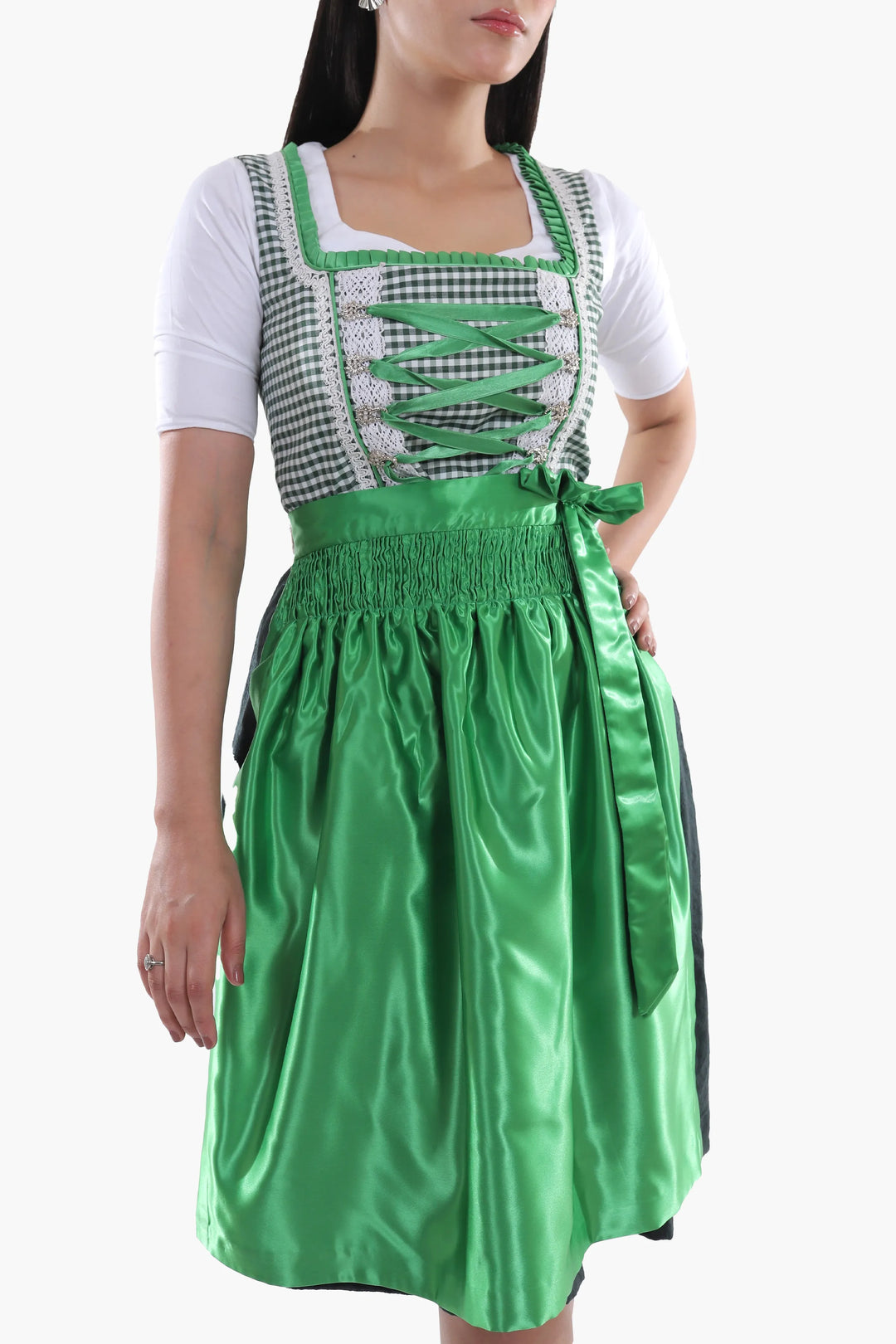 Dirndl Midi Damen Grün Kariert | Trachtenkleid mit strukturiertem Mieder und Schürze für Oktoberfest
