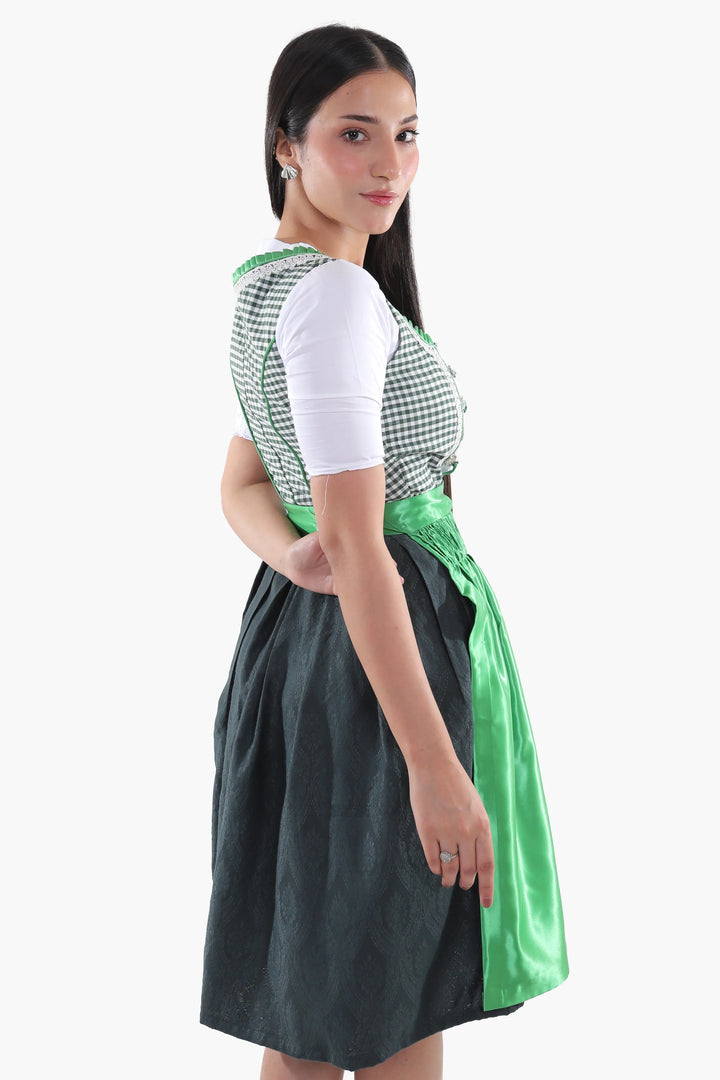 Dirndl Midi Damen Grün Kariert | Trachtenkleid mit strukturiertem Mieder und Schürze für Oktoberfest