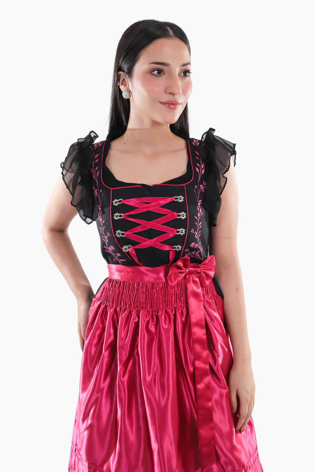 Dirndl Midi Damen Schwarz Fuchsia | Trachtenkleid mit floralen Details, Mieder und Kontrastschürze für Oktoberfest