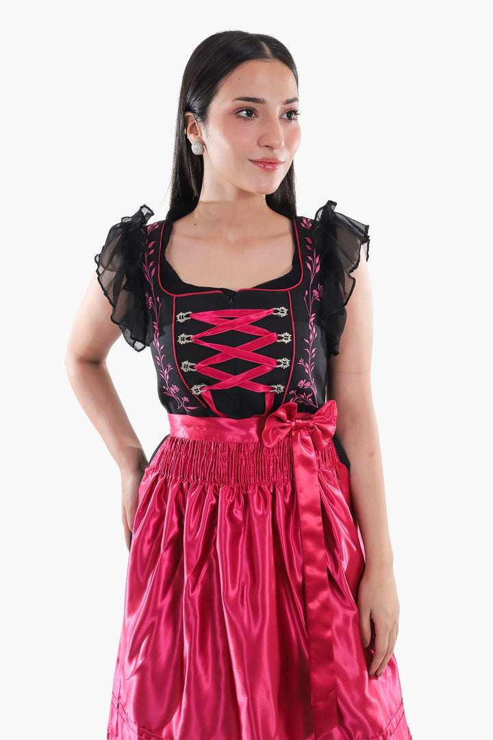 Dirndl Midi Damen Schwarz Fuchsia | Trachtenkleid mit floralen Details, Mieder und Kontrastschürze für Oktoberfest