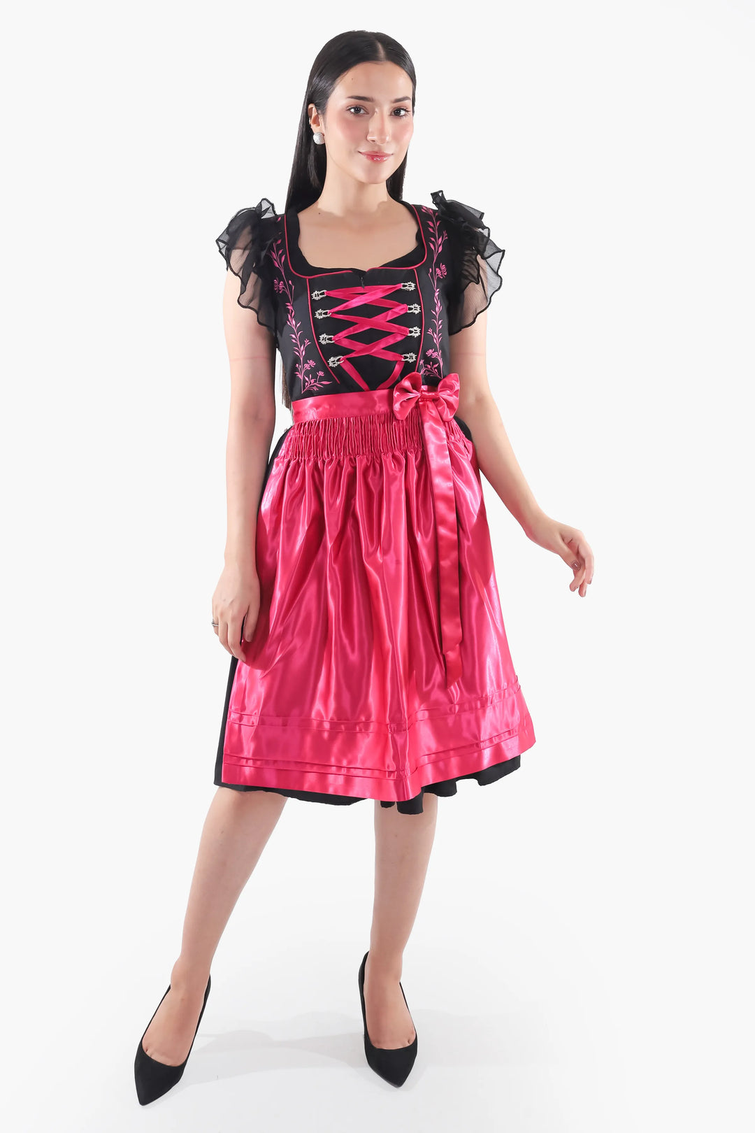 Dirndl Midi Damen Schwarz Fuchsia | Trachtenkleid mit floralen Details, Mieder und Kontrastschürze für Oktoberfest