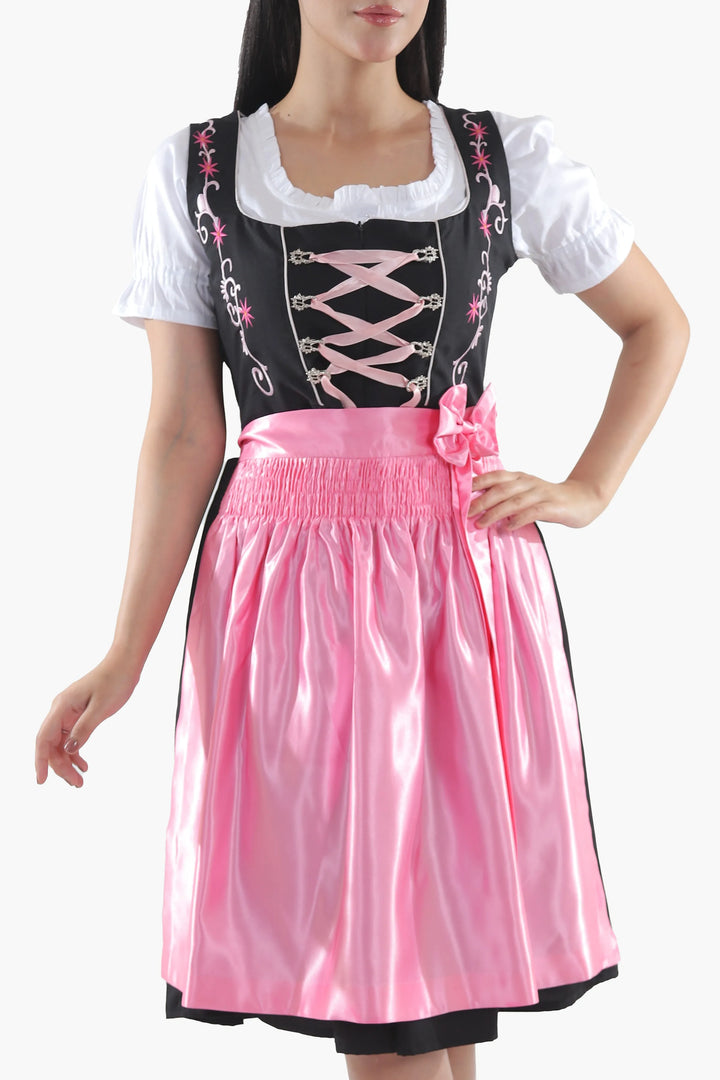 Dirndl Midi Damen Schwarz Rosa | Trachtenkleid mit strukturiertem Mieder und Kontrastschürze für Oktoberfest