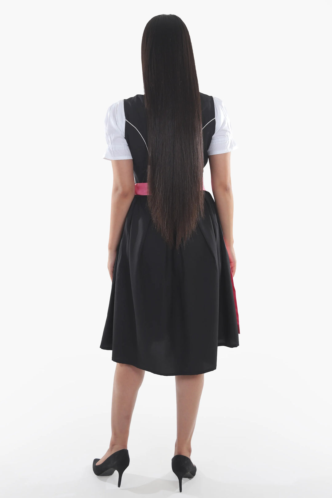 Dirndl Midi Damen Schwarz Rosa | Trachtenkleid mit strukturiertem Mieder und Kontrastschürze für Oktoberfest