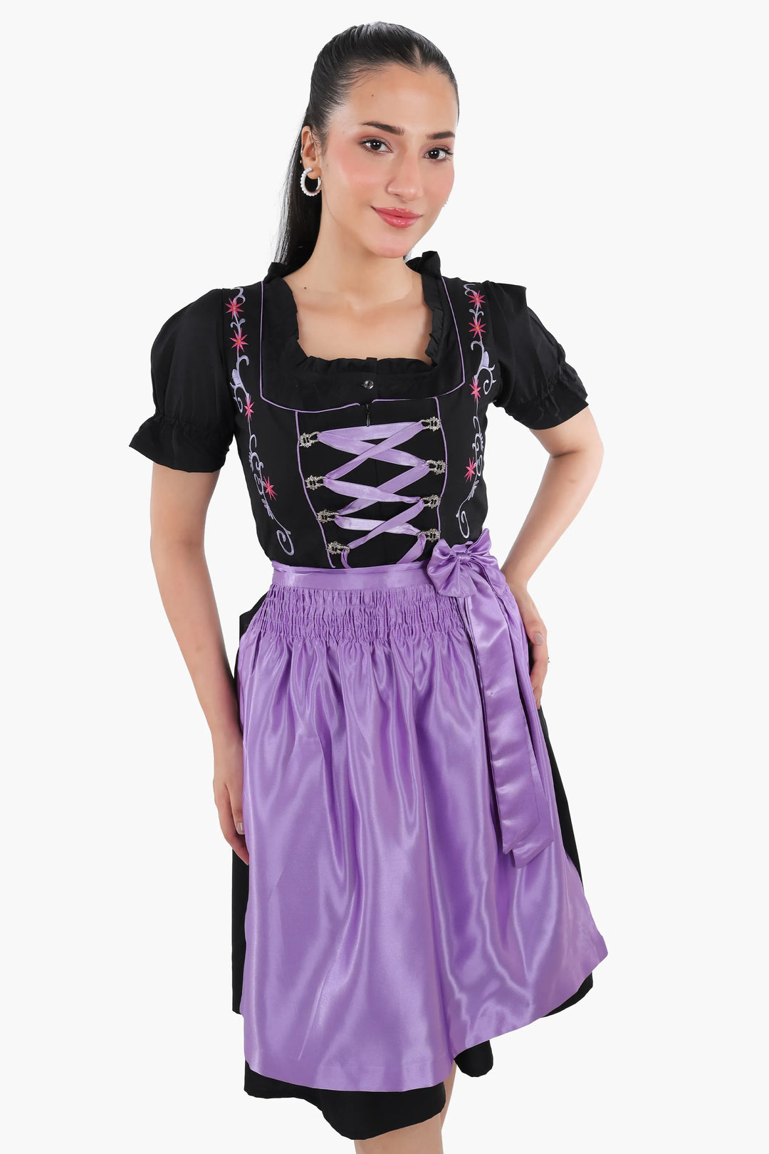 Dirndl Midi Damen Schwarz Lavendel | Trachtenkleid mit strukturiertem Mieder und Kontrastschürze für Oktoberfest