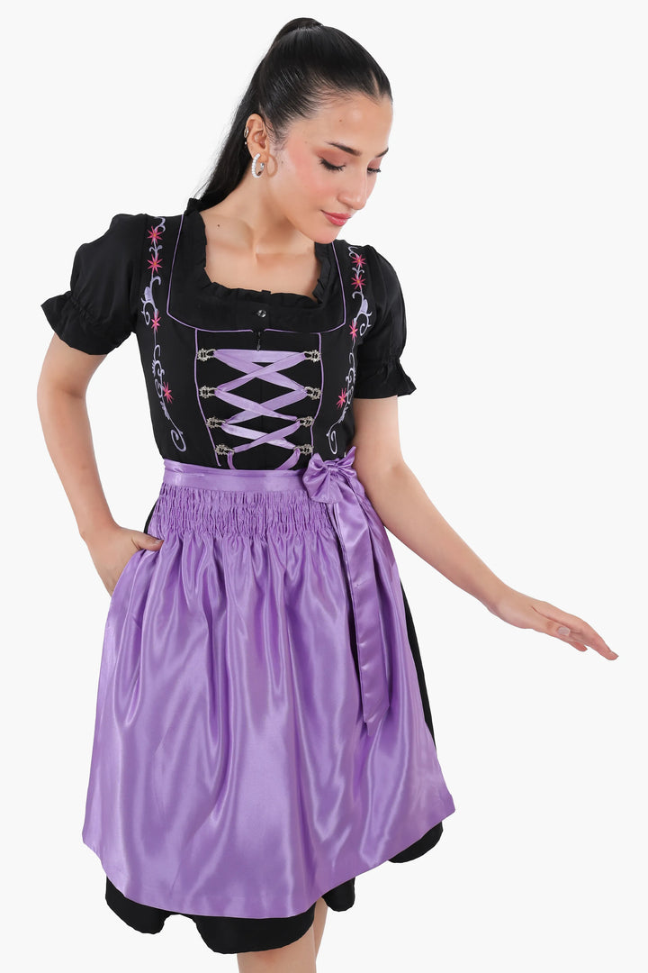 Dirndl Midi Damen Schwarz Lavendel | Trachtenkleid mit strukturiertem Mieder und Kontrastschürze für Oktoberfest