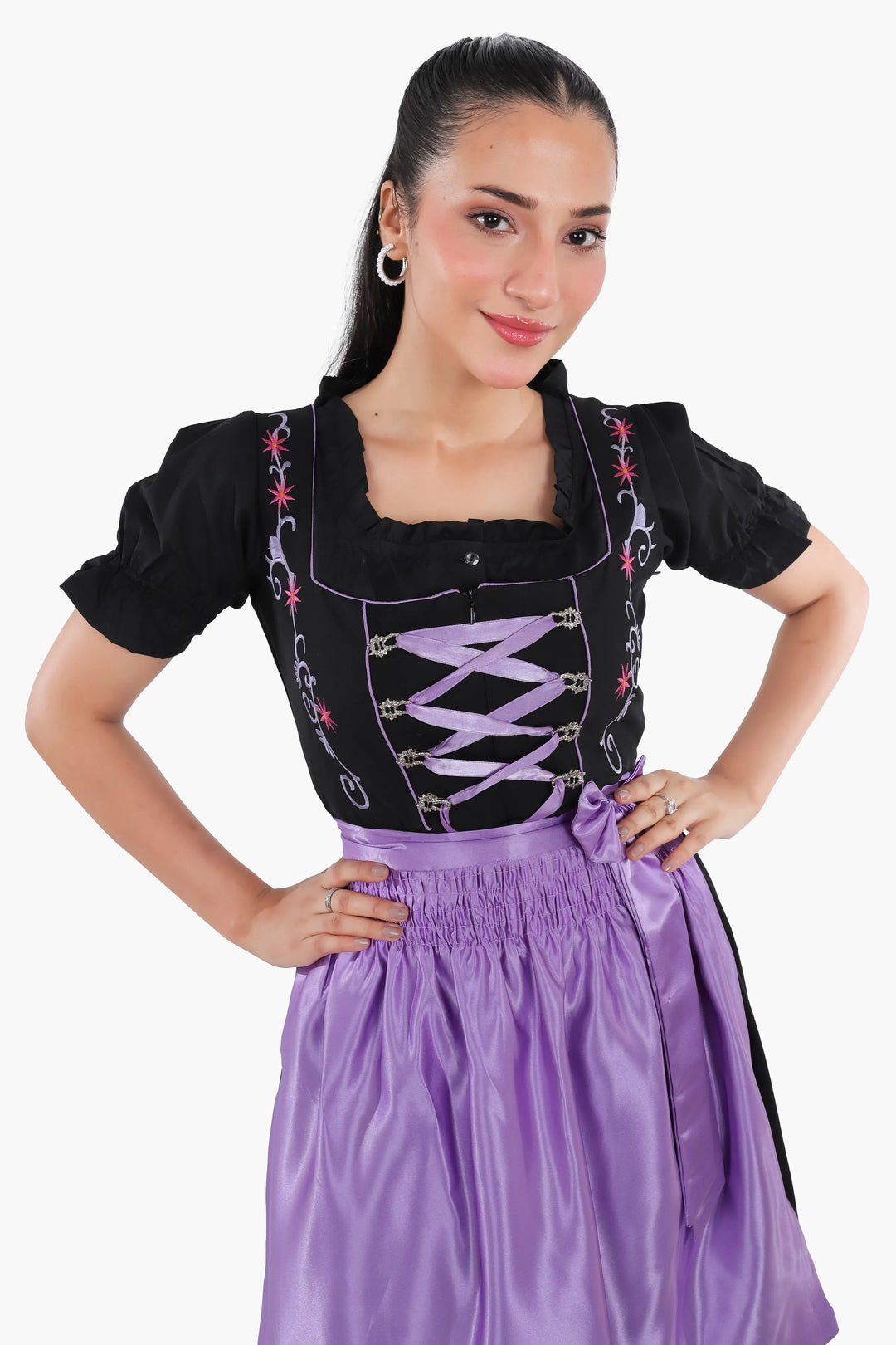 Dirndl Midi Damen Schwarz Lavendel | Trachtenkleid mit strukturiertem Mieder und Kontrastschürze für Oktoberfest