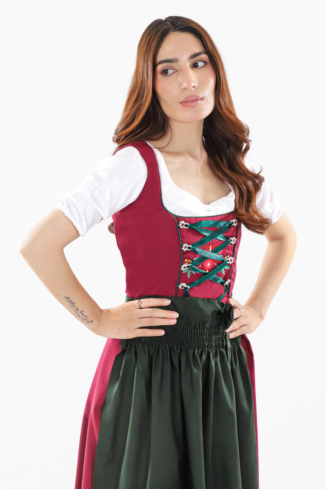 Dirndl Midi Damen Beerenrot | Trachtenkleid mit strukturiertem Mieder und Kontrastschürze für Oktoberfest