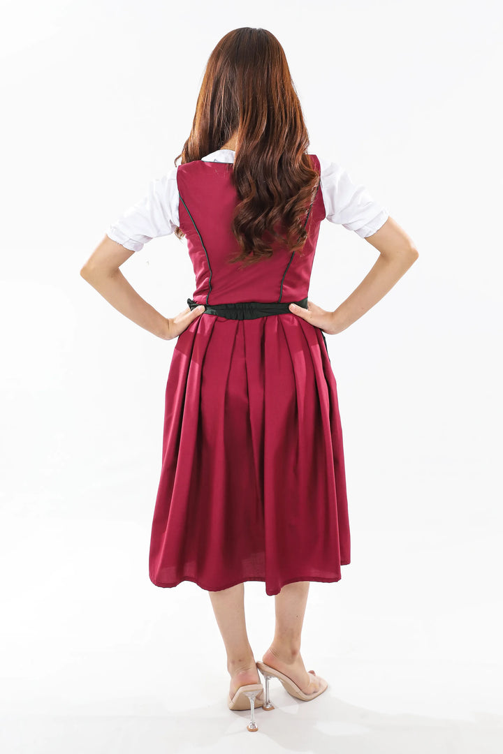 Dirndl Midi Damen Beerenrot | Trachtenkleid mit strukturiertem Mieder und Kontrastschürze für Oktoberfest
