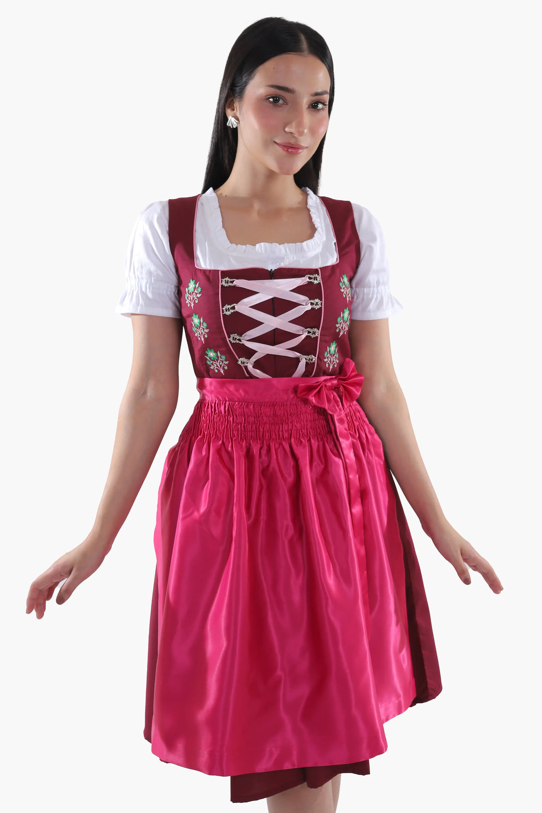 Dirndl Midi Damen Beere Pflaume Rosa | Trachtenkleid mit strukturiertem Mieder und Kontrastschürze für Oktoberfest