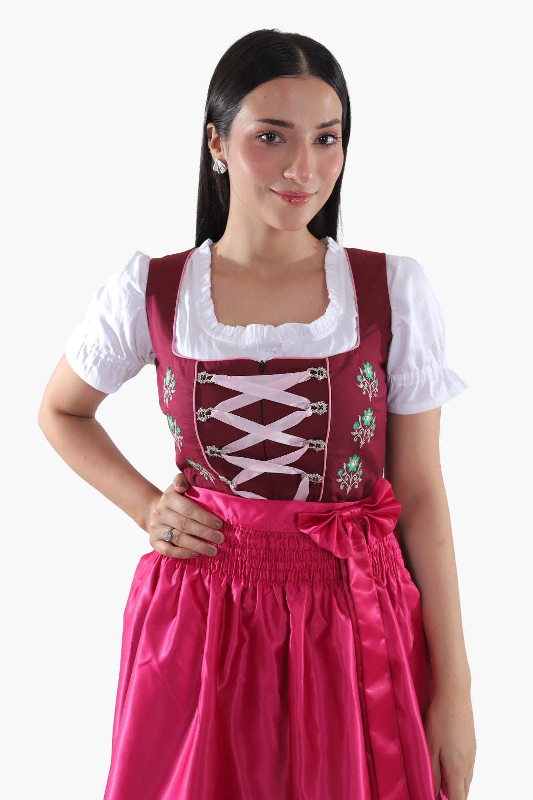 Dirndl Midi Damen Beere Pflaume Rosa | Trachtenkleid mit strukturiertem Mieder und Kontrastschürze für Oktoberfest