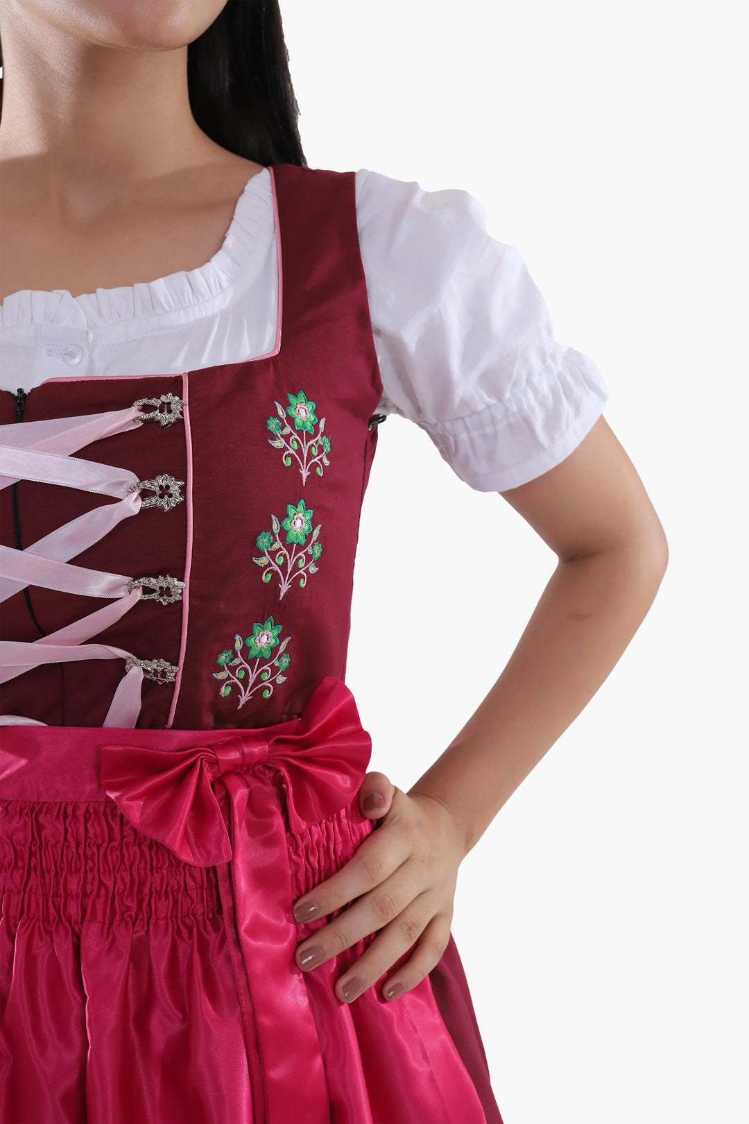 Dirndl Midi Damen Beere Pflaume Rosa | Trachtenkleid mit strukturiertem Mieder und Kontrastschürze für Oktoberfest