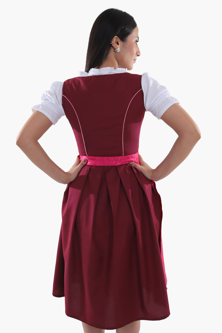 Dirndl Midi Damen Beere Pflaume Rosa | Trachtenkleid mit strukturiertem Mieder und Kontrastschürze für Oktoberfest