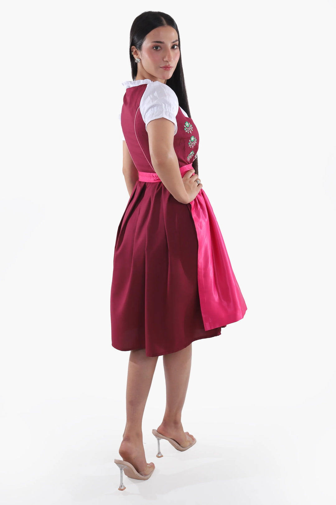 Dirndl Midi Damen Beere Pflaume Rosa | Trachtenkleid mit strukturiertem Mieder und Kontrastschürze für Oktoberfest
