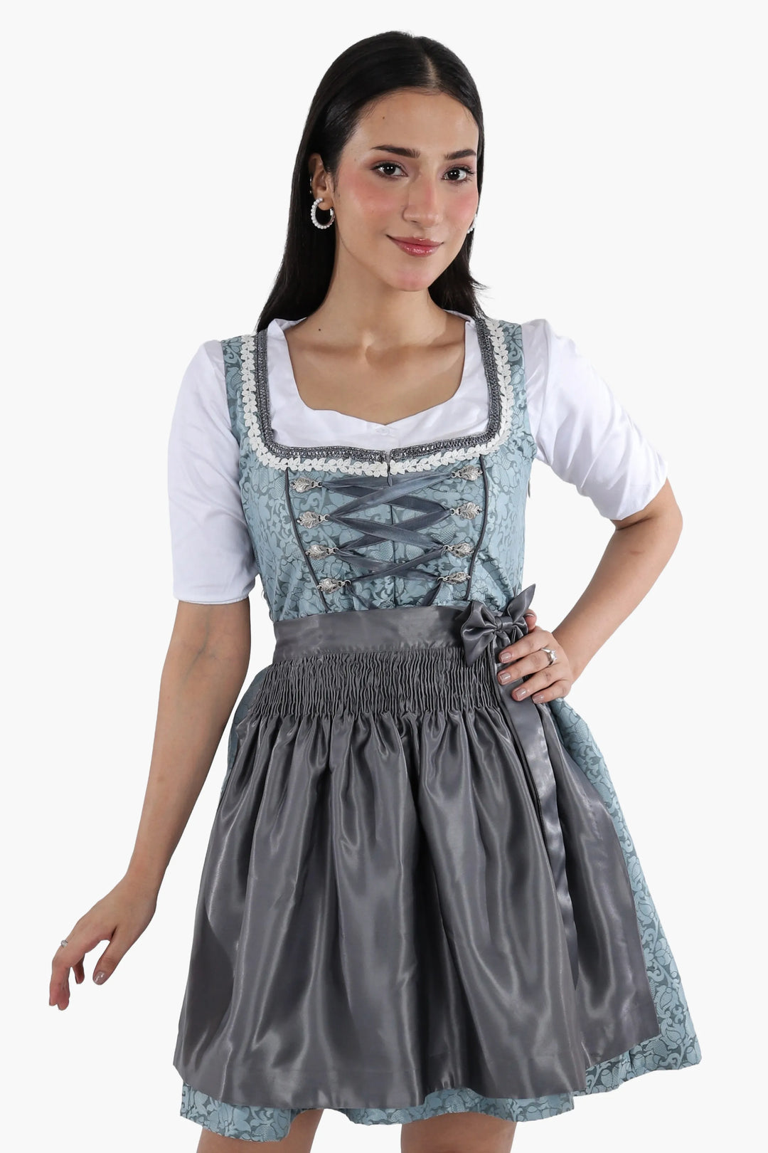 Mini Dirndl Damen | Trachtenkleid mit strukturiertem Mieder, Schürze und A-Linien-Rock für Oktoberfest