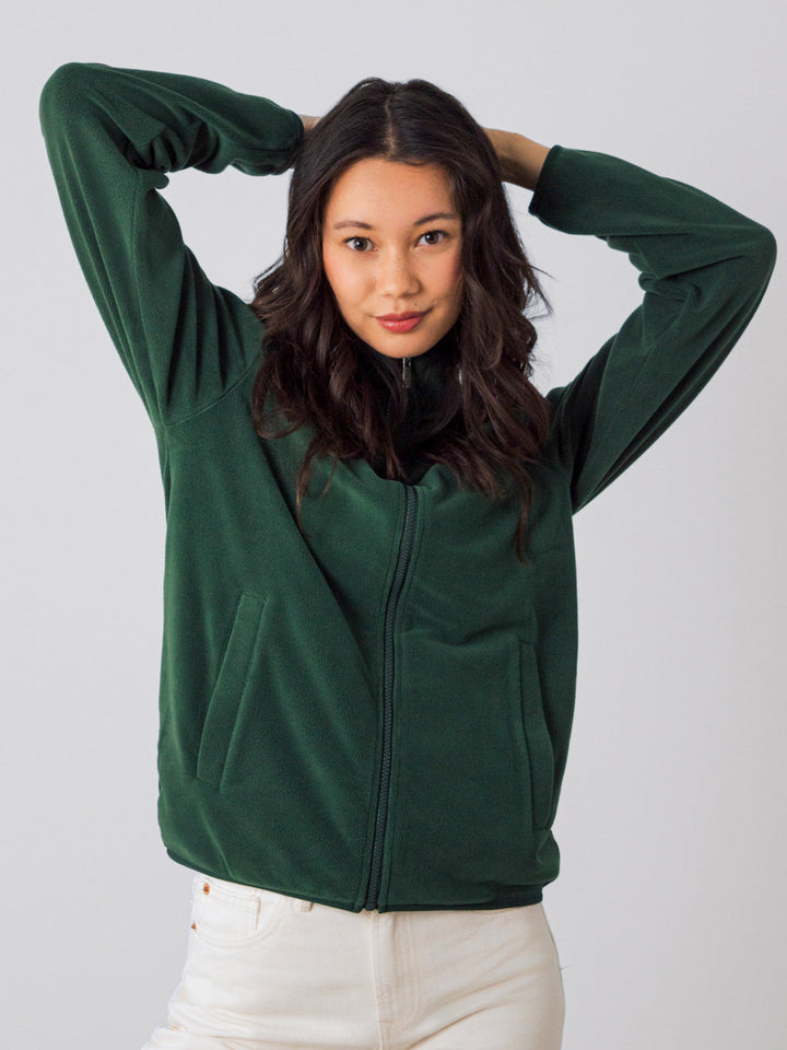 Damen Fleecejacke mit Reißverschluss | Weiche Stretch-Jacke mit lockerer Passform in Waldgrün für Alltag und Layering