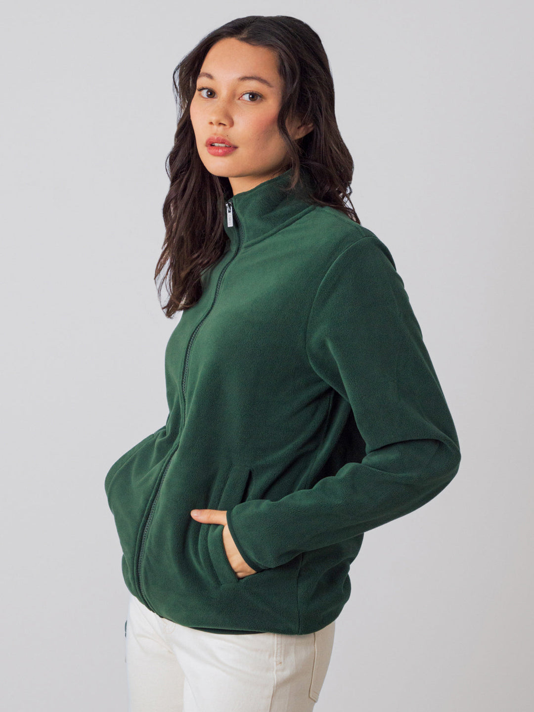 Damen Fleecejacke mit Reißverschluss | Weiche Stretch-Jacke mit lockerer Passform in Waldgrün für Alltag und Layering
