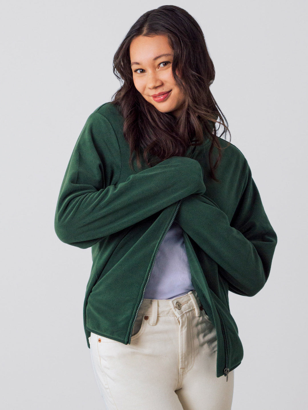 Damen Fleecejacke mit Reißverschluss | Weiche Stretch-Jacke mit lockerer Passform in Waldgrün für Alltag und Layering