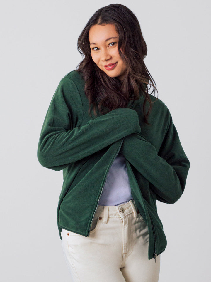 Damen Fleecejacke mit Reißverschluss | Weiche Stretch-Jacke mit lockerer Passform in Waldgrün für Alltag und Layering