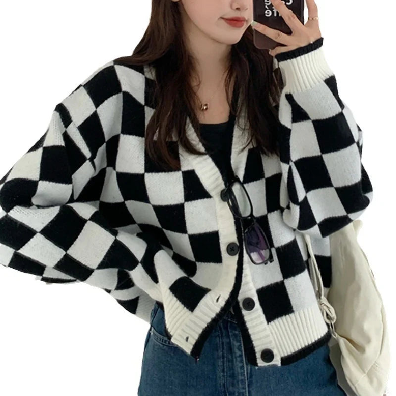 Damen Cardigan | Grobstrick mit Karomuster &amp; Knopfleiste für Alltag und kühle Tage