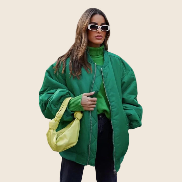 Damen Bomberjacke Oversize mit Reißverschluss | Lässige Übergangsjacke mit geripptem Rundhalsausschnitt und Fronttaschen mit Knopfverschluss