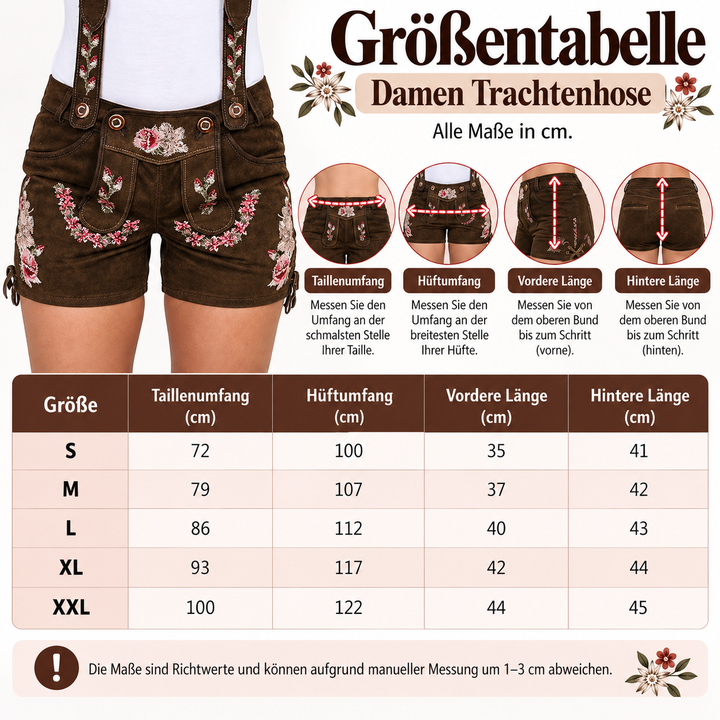 Damen Lederhose | Kurze Trachtenhose mit Blumenstickerei, Hosenträgern und seitlicher Schnürung