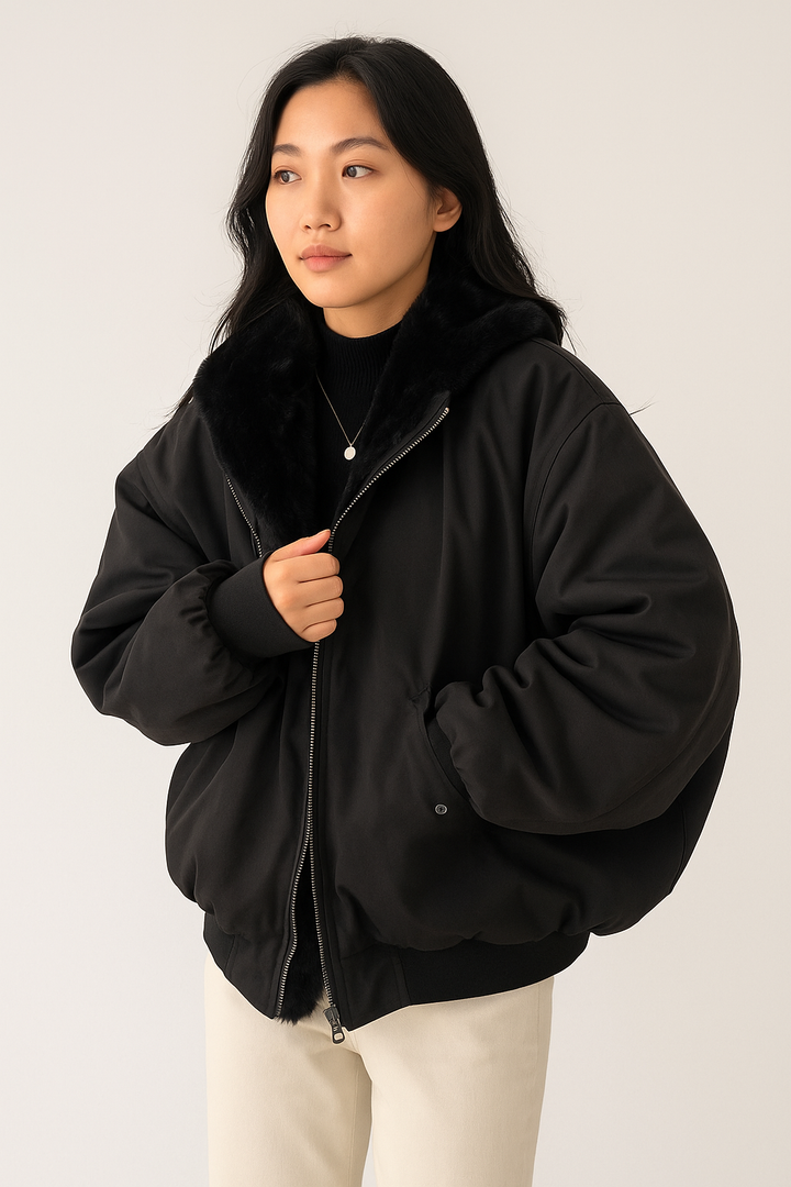 Damen Oversize Winterjacke mit Fleecefutter | Warme Jacke mit Reißverschluss, breiten Bündchen und geräumigen Taschen
