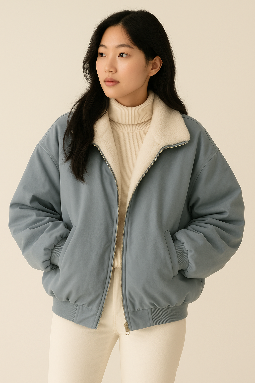Damen Oversize Winterjacke mit Fleecefutter | Warme Jacke mit Reißverschluss, breiten Bündchen und geräumigen Taschen