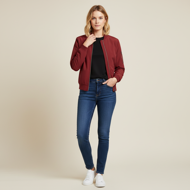 Damen Bomberjacke kurz mit Reißverschluss | Sportliche Übergangsjacke im Slim Fit mit Rippbündchen und langen Ärmeln