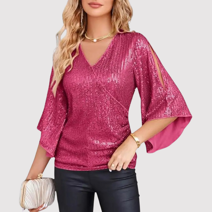 Damen Pailletten Oberteil mit kurzen Ärmeln | Glitzerndes Partyshirt mit leicht taillierter Passform für Silvester und festliche Anlässe