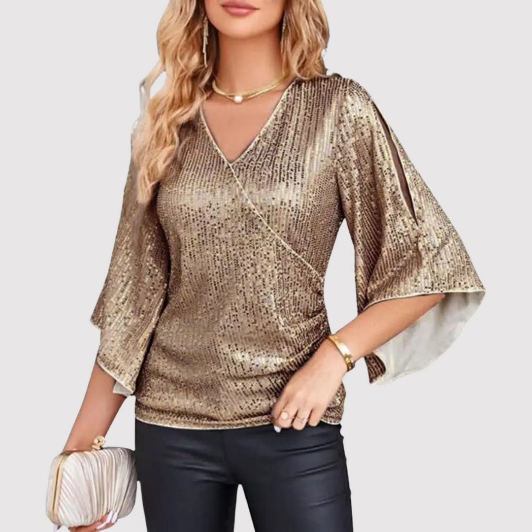 Damen Pailletten Oberteil mit kurzen Ärmeln | Glitzerndes Partyshirt mit leicht taillierter Passform für Silvester und festliche Anlässe