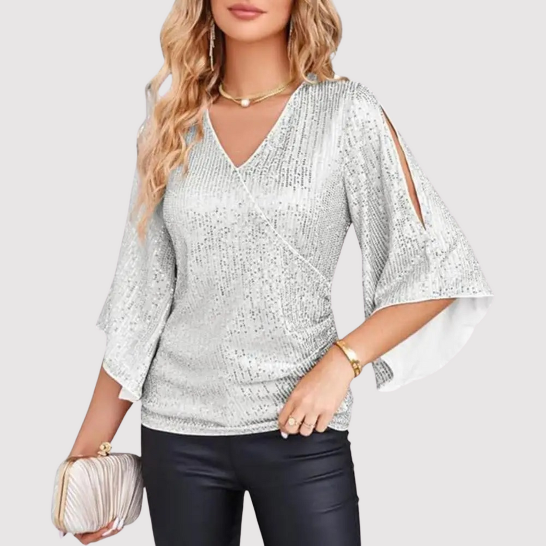 Damen Pailletten Oberteil mit kurzen Ärmeln | Glitzerndes Partyshirt mit leicht taillierter Passform für Silvester und festliche Anlässe