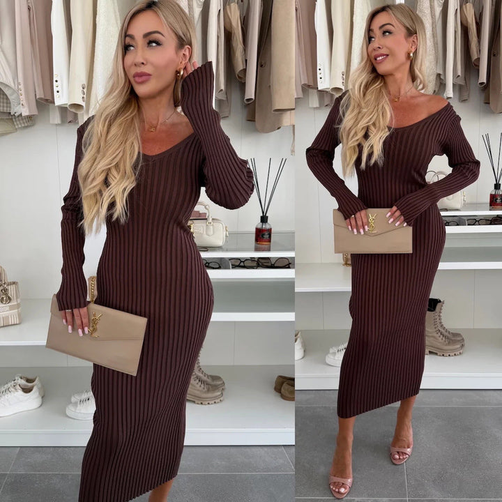 Damen Strickkleid Midi mit V-Ausschnitt | Elegantes Langarm-Pulloverkleid mit bequemer Passform für Alltag, Büro und festliche Anlässe