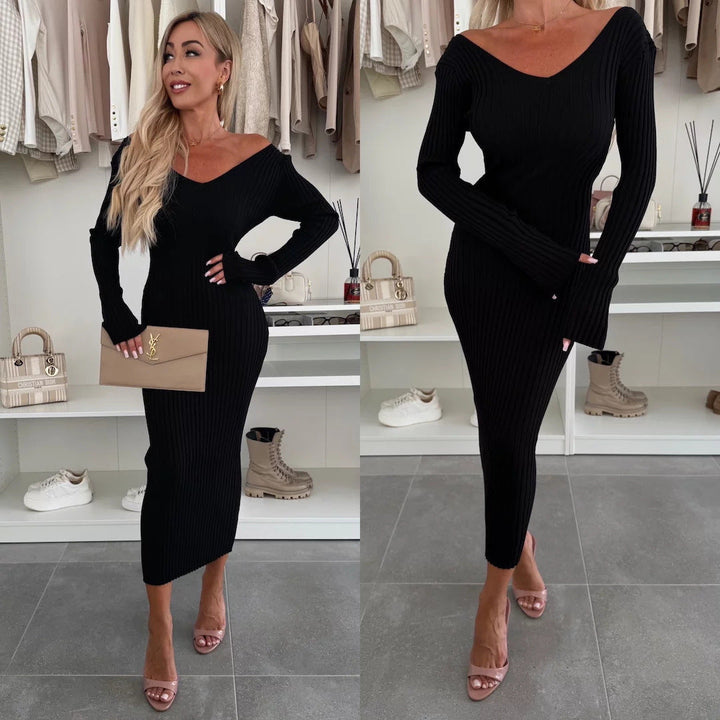 Damen Strickkleid Midi mit V-Ausschnitt | Elegantes Langarm-Pulloverkleid mit bequemer Passform für Alltag, Büro und festliche Anlässe