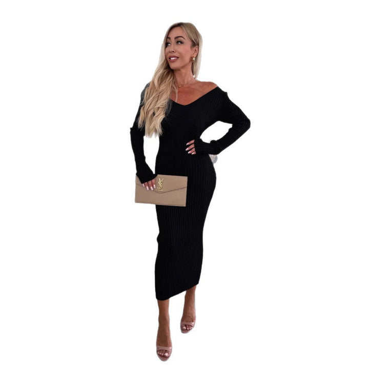 Damen Strickkleid Midi mit V-Ausschnitt | Elegantes Langarm-Pulloverkleid mit bequemer Passform für Alltag, Büro und festliche Anlässe