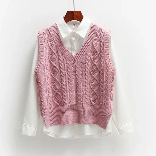 Damen Strickweste lang aus Baumwolle | Ärmellose Weste mit V-Ausschnitt und strukturiertem Strickmuster für vielseitige Looks