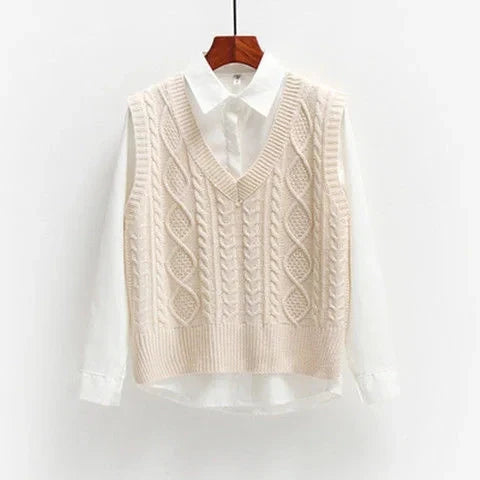Damen Strickweste lang aus Baumwolle | Ärmellose Weste mit V-Ausschnitt und strukturiertem Strickmuster für vielseitige Looks