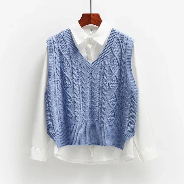 Damen Strickweste lang aus Baumwolle | Ärmellose Weste mit V-Ausschnitt und strukturiertem Strickmuster für vielseitige Looks